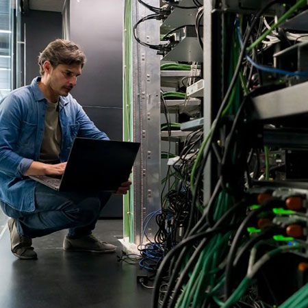Técnico de Bits and Bytes trabajando en un rack de red